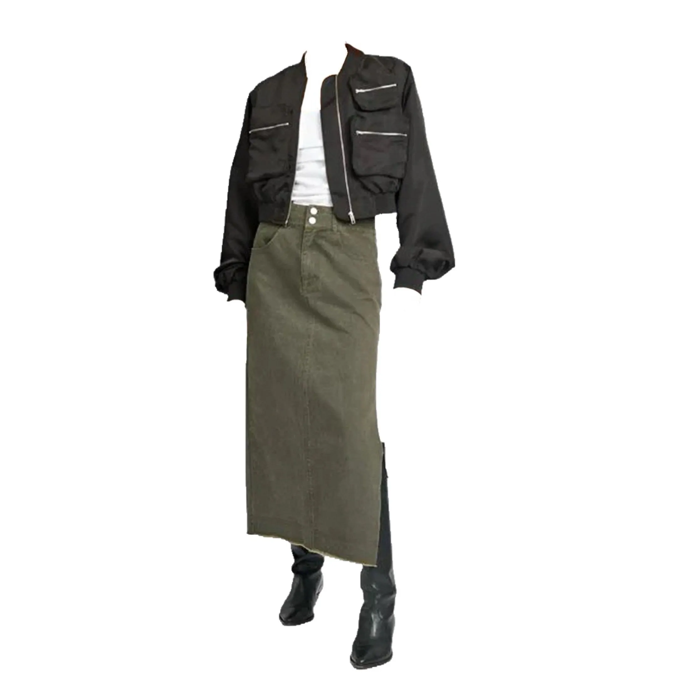 Cropped Satin Cargo Bomber Jacket