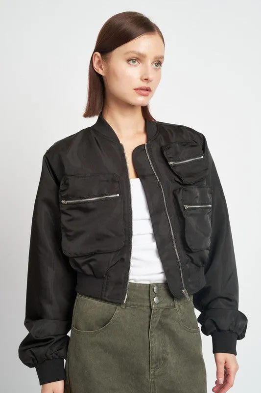 Cropped Satin Cargo Bomber Jacket