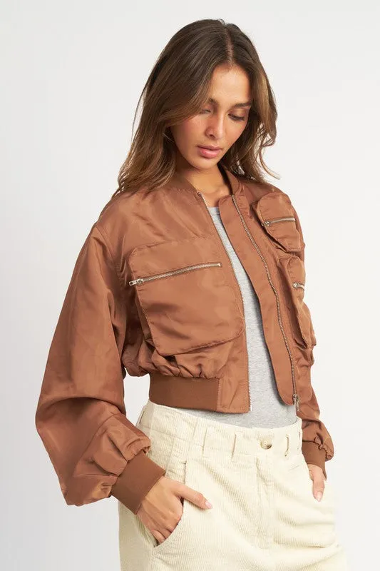 Cropped Satin Cargo Bomber Jacket