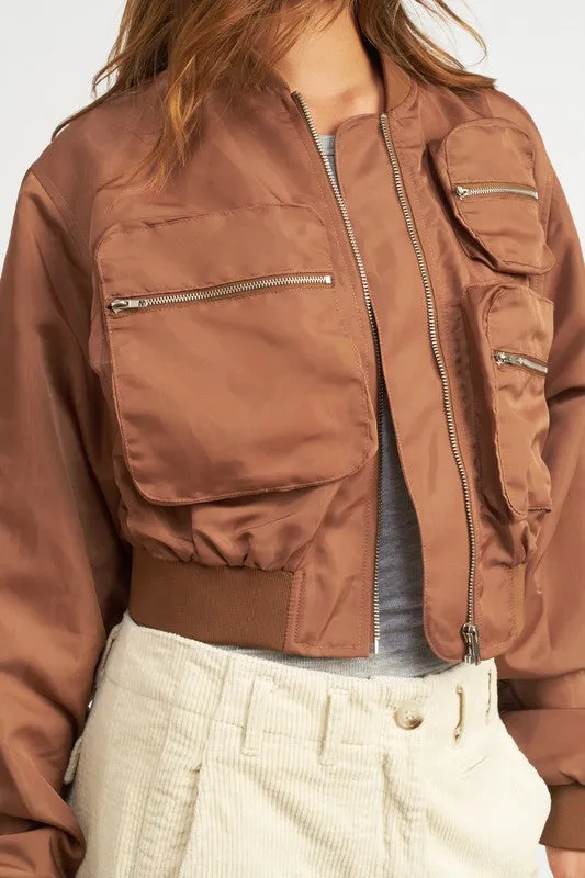 Cropped Satin Cargo Bomber Jacket