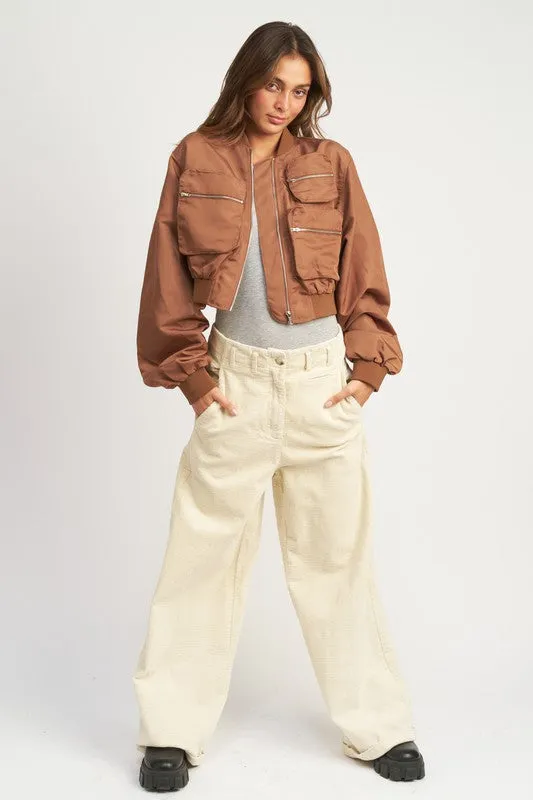 Cropped Satin Cargo Bomber Jacket