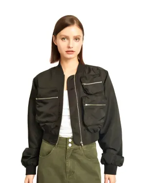 Cropped Satin Cargo Bomber Jacket