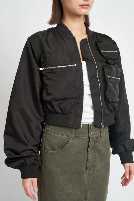 Cropped Satin Cargo Bomber Jacket