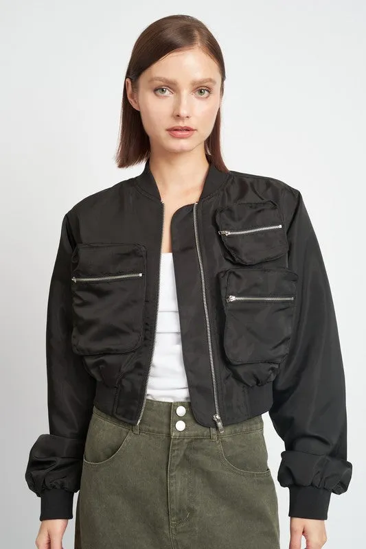 Cropped Satin Cargo Bomber Jacket