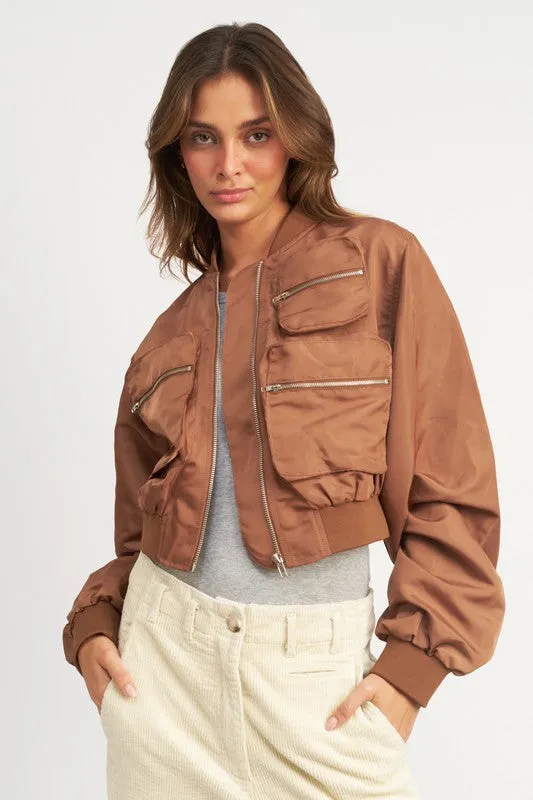 Cropped Satin Cargo Bomber Jacket