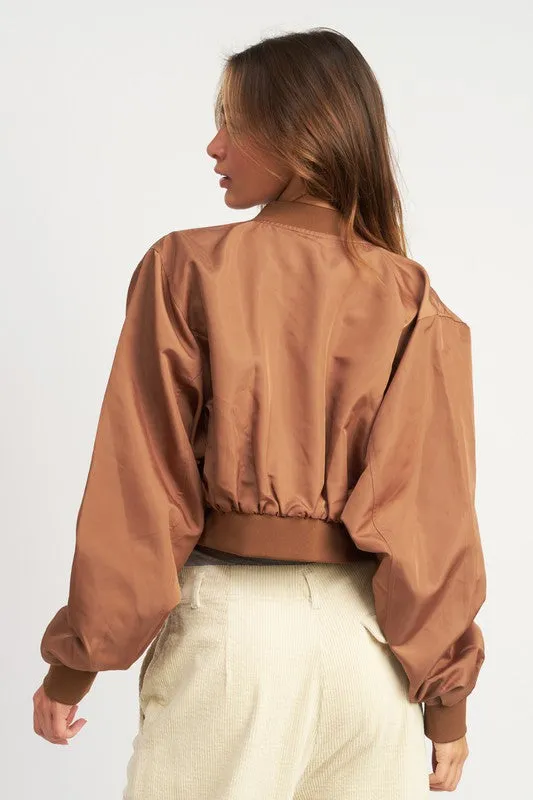 Cropped Satin Cargo Bomber Jacket