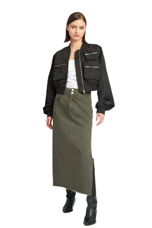 Cropped Satin Cargo Bomber Jacket