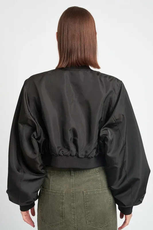 Cropped Satin Cargo Bomber Jacket
