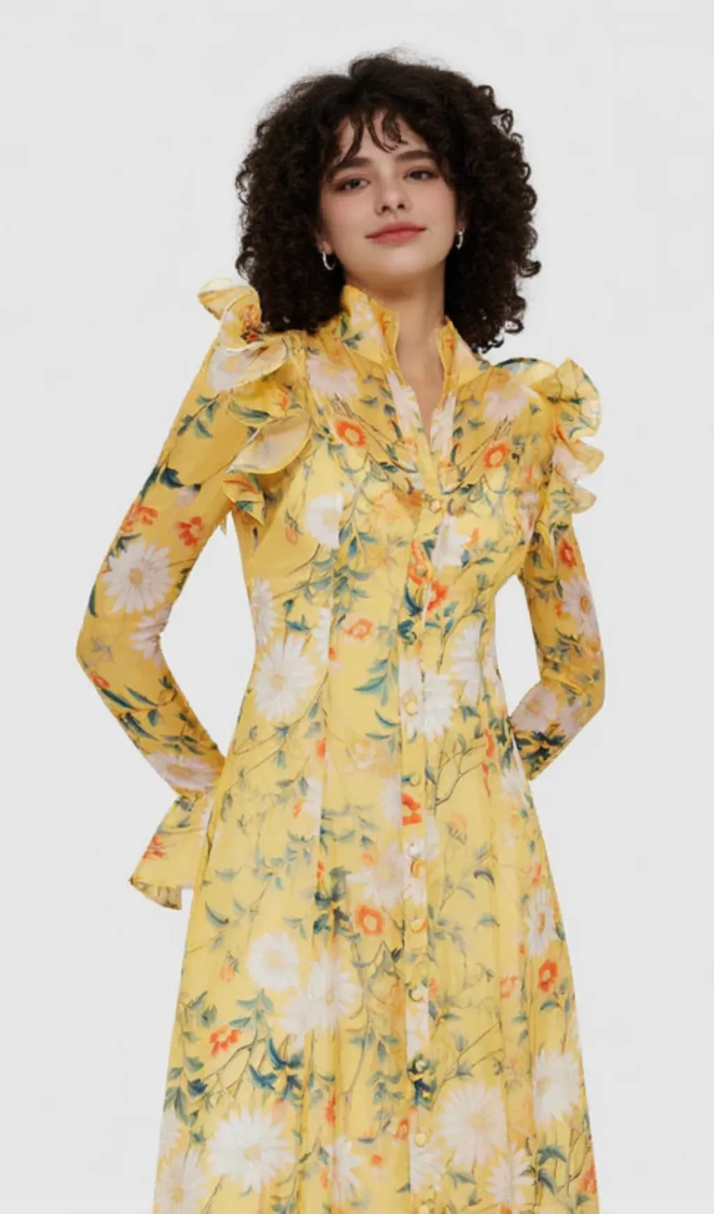 Daisy Print Butterfly Sleeve Midi Dress in yellow