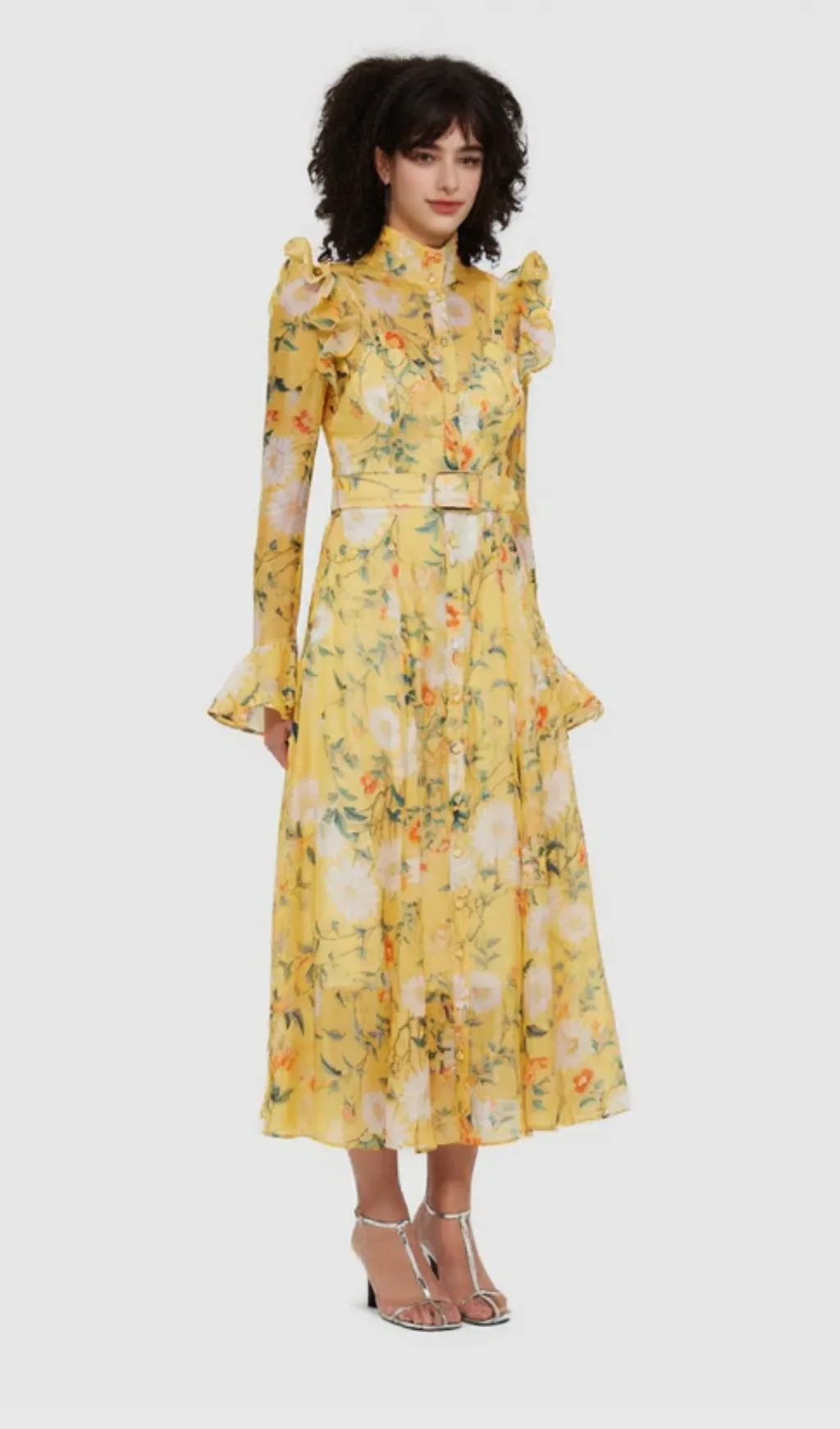 Daisy Print Butterfly Sleeve Midi Dress in yellow
