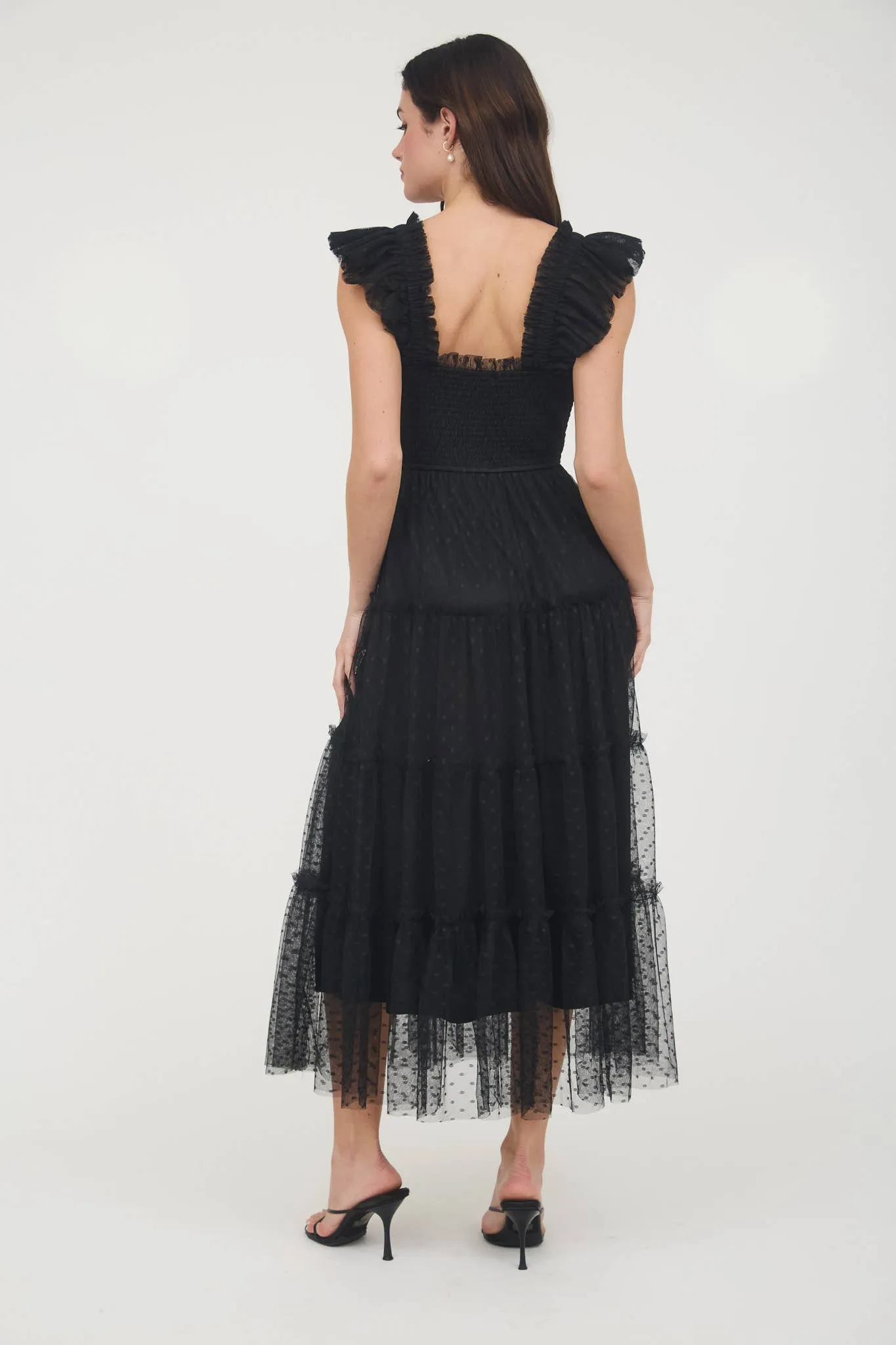 Devon- POLKA DOT CHIFFON SMOCKED TIERED MIDI DRESS
