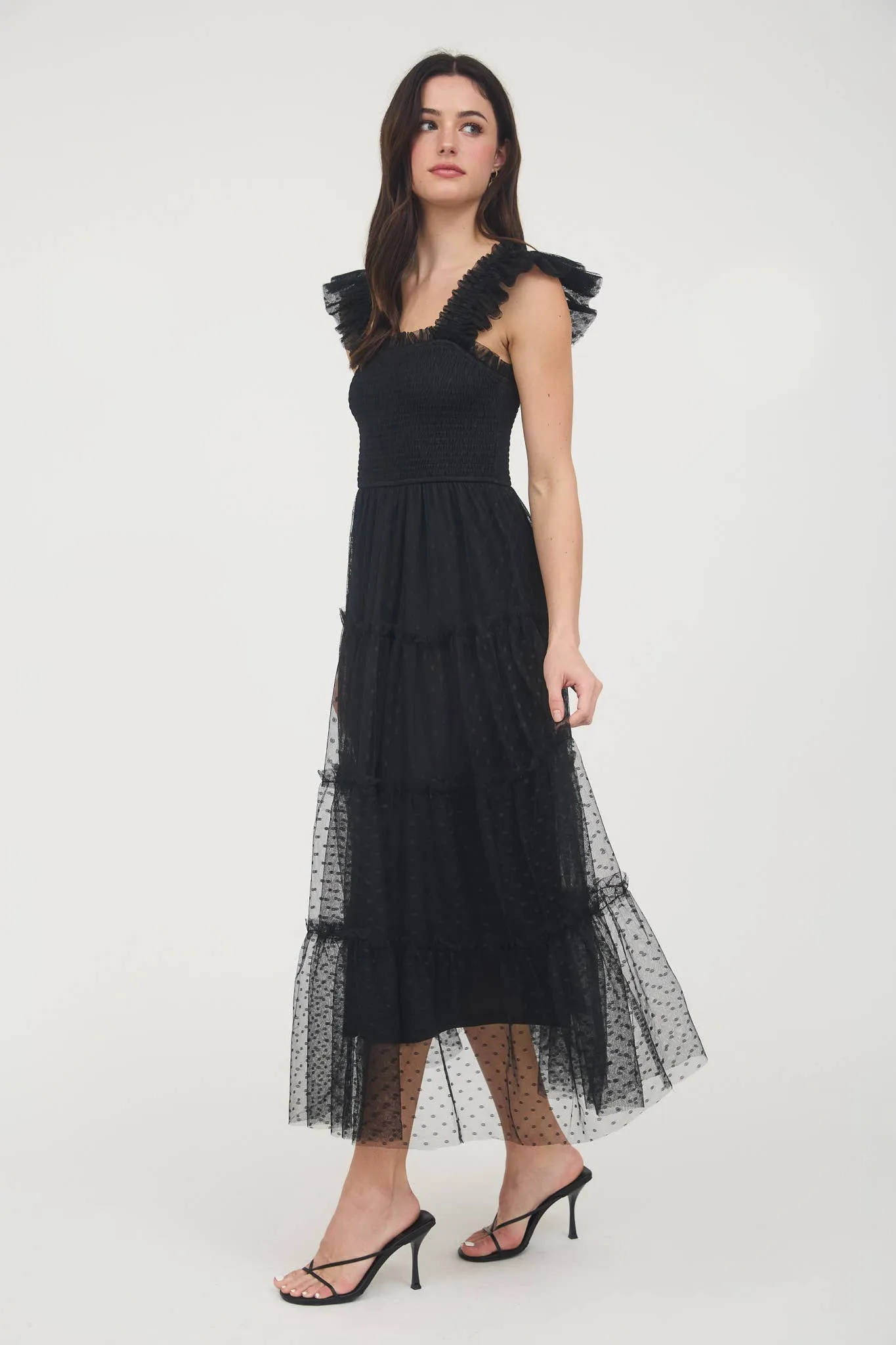 Devon- POLKA DOT CHIFFON SMOCKED TIERED MIDI DRESS