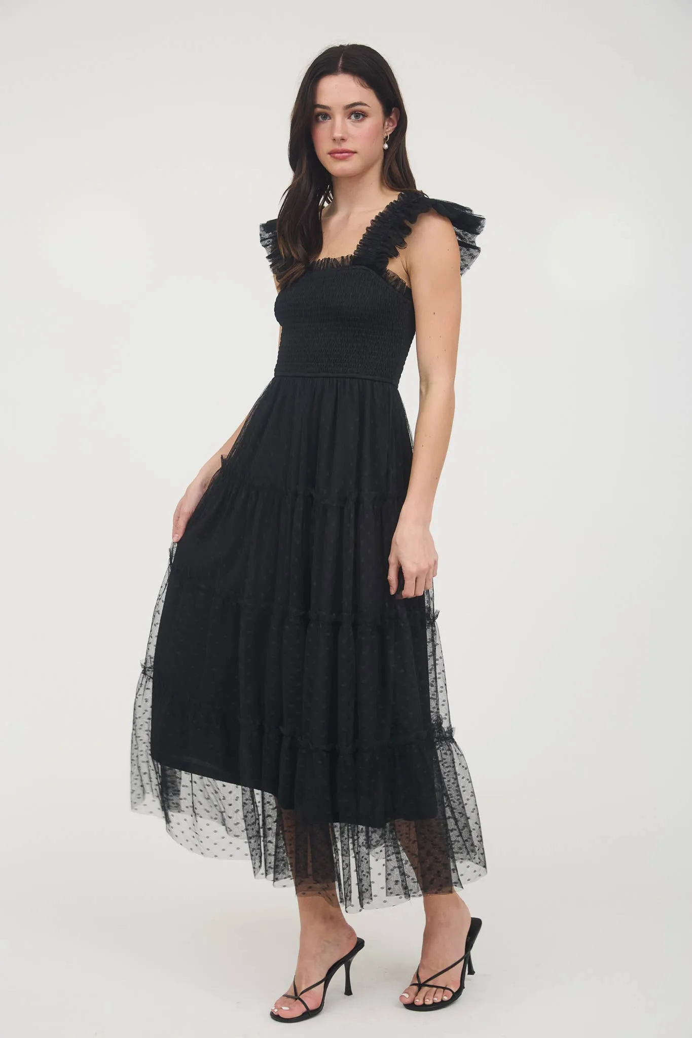 Devon- POLKA DOT CHIFFON SMOCKED TIERED MIDI DRESS