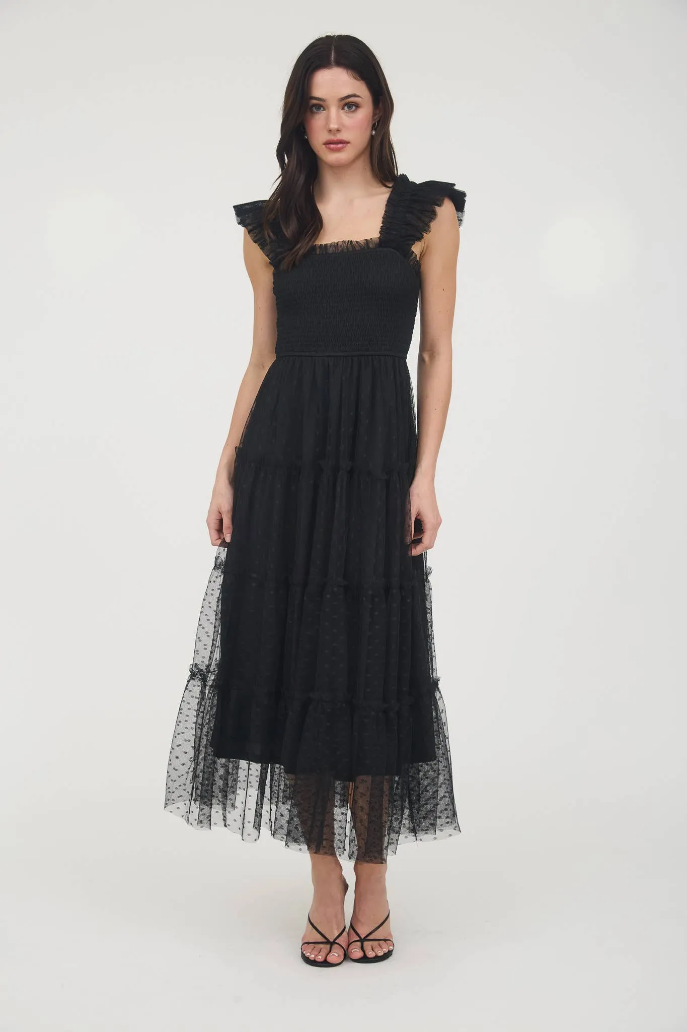 Devon- POLKA DOT CHIFFON SMOCKED TIERED MIDI DRESS