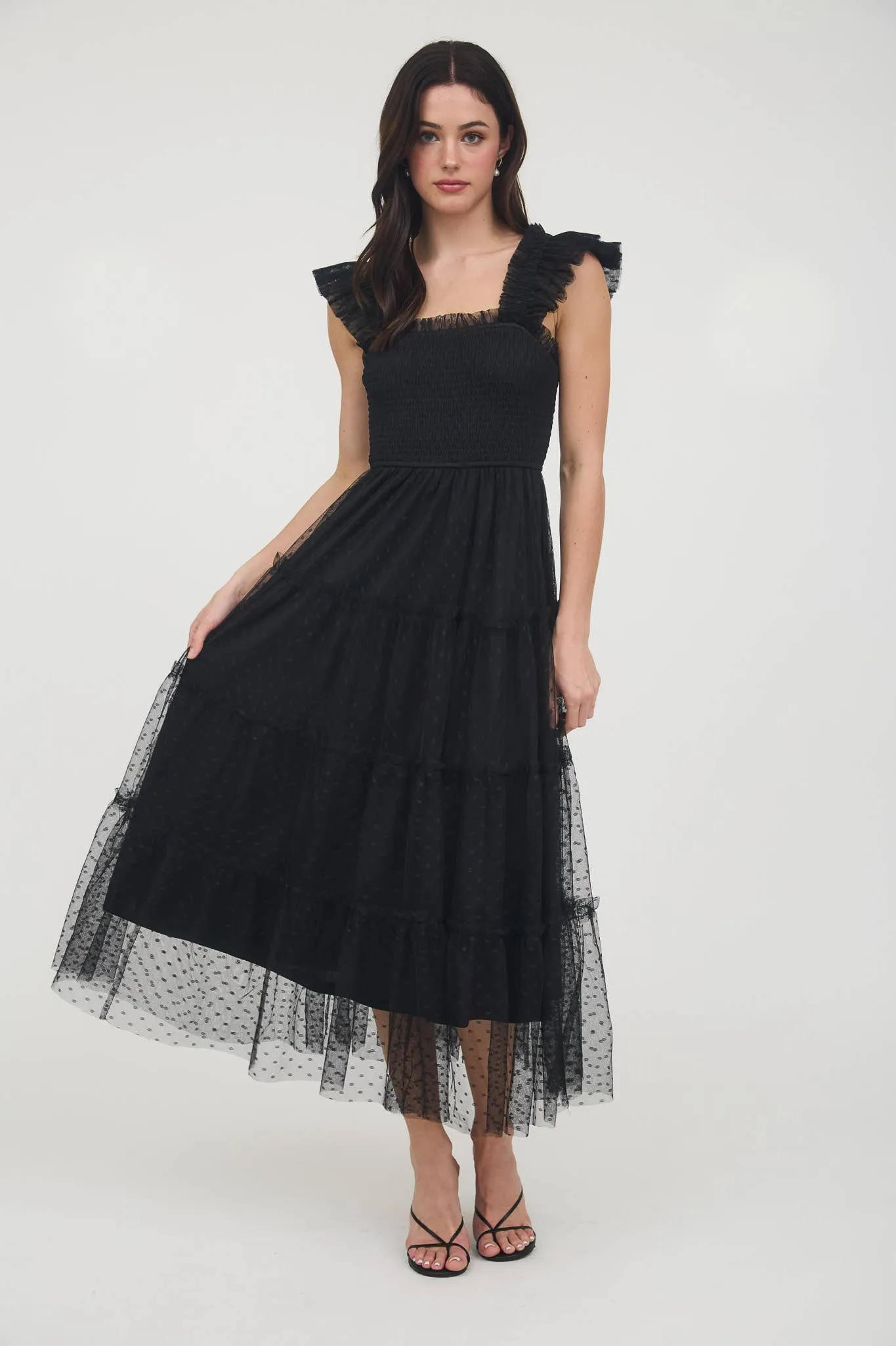 Devon- POLKA DOT CHIFFON SMOCKED TIERED MIDI DRESS