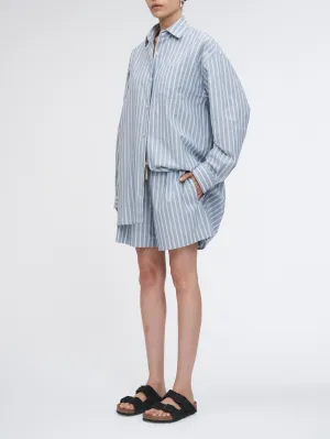 Drawstring Pleat Front Short in Denim Mint Stripe
