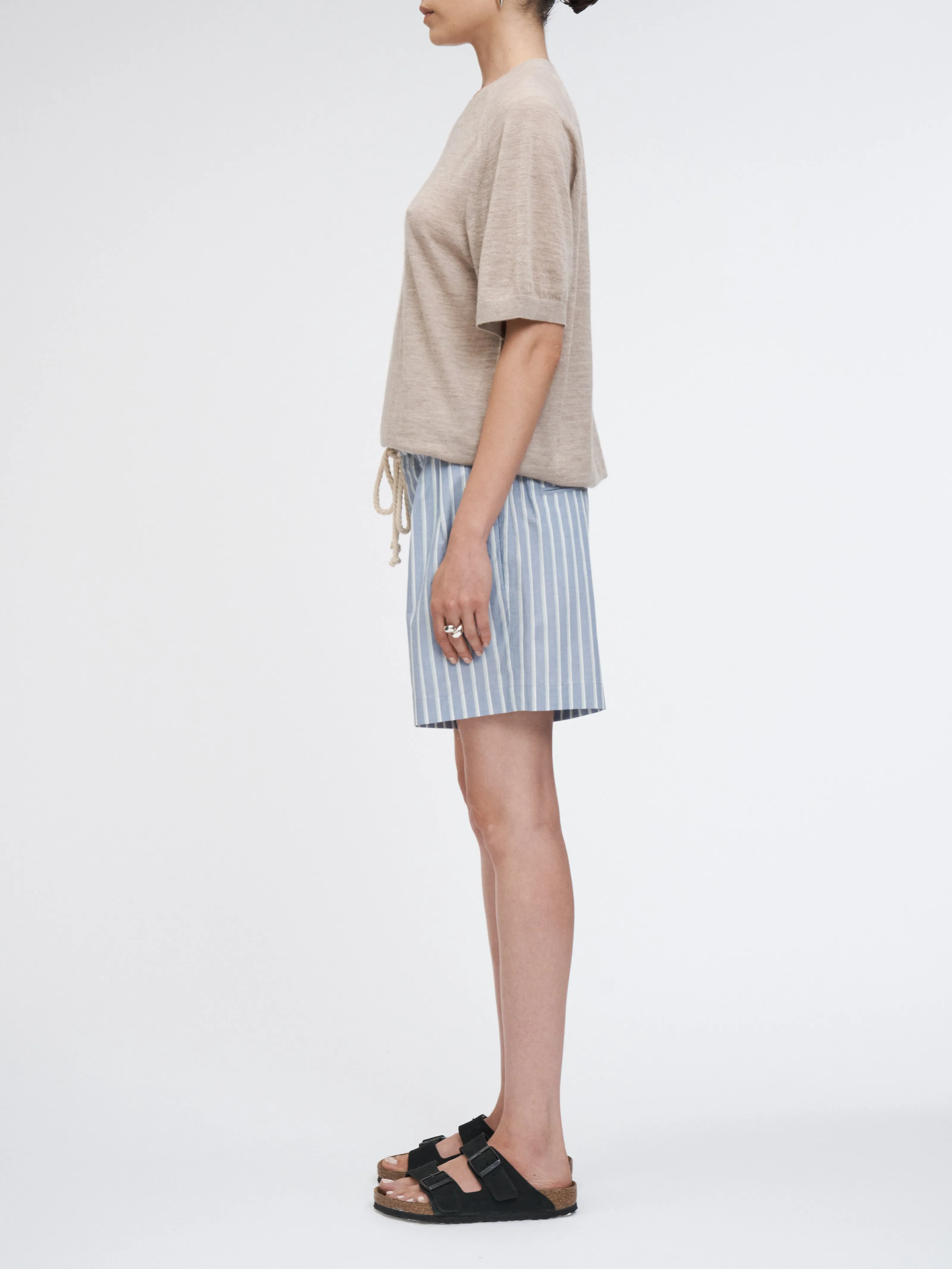Drawstring Pleat Front Short in Denim Mint Stripe