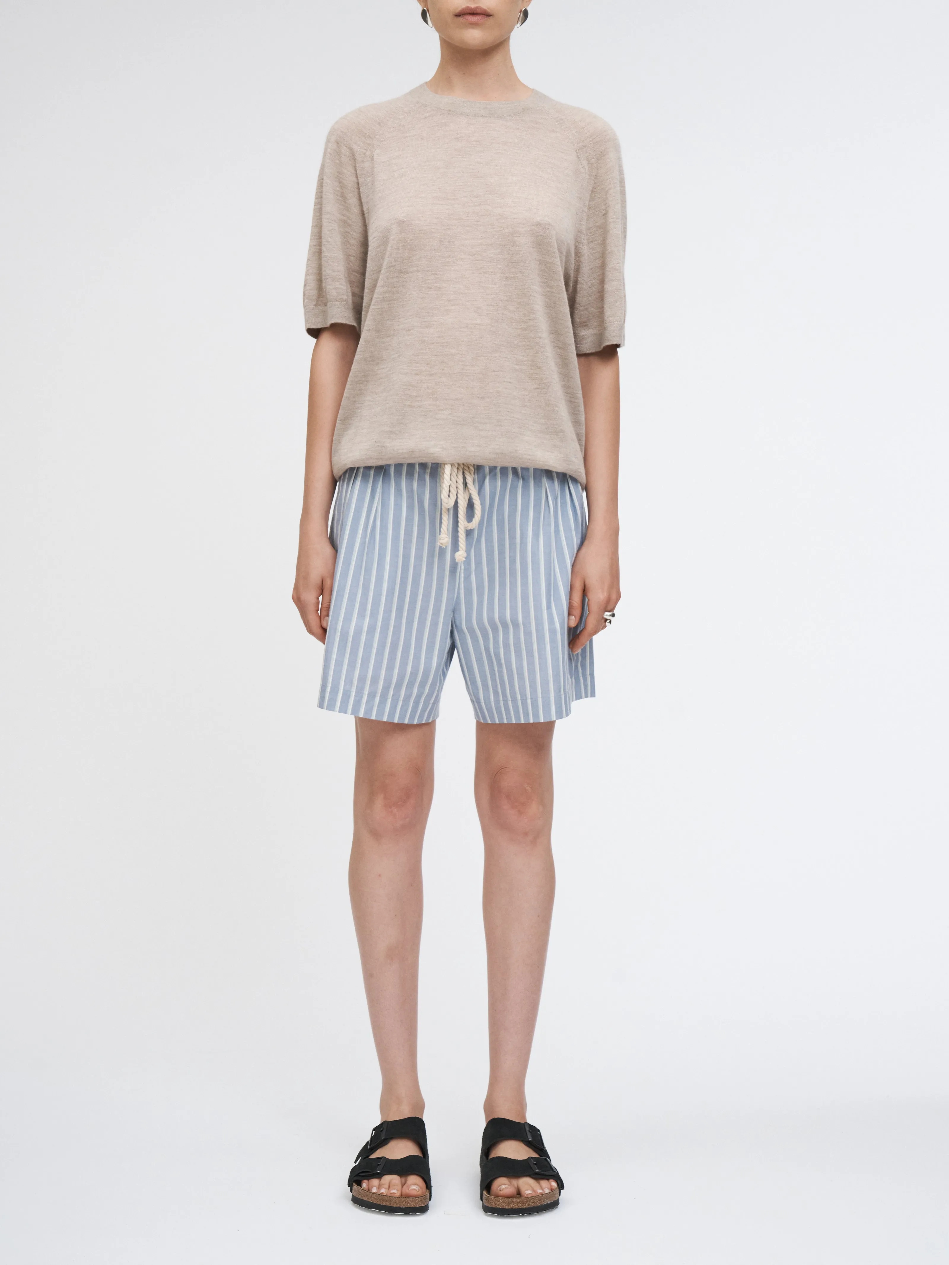 Drawstring Pleat Front Short in Denim Mint Stripe
