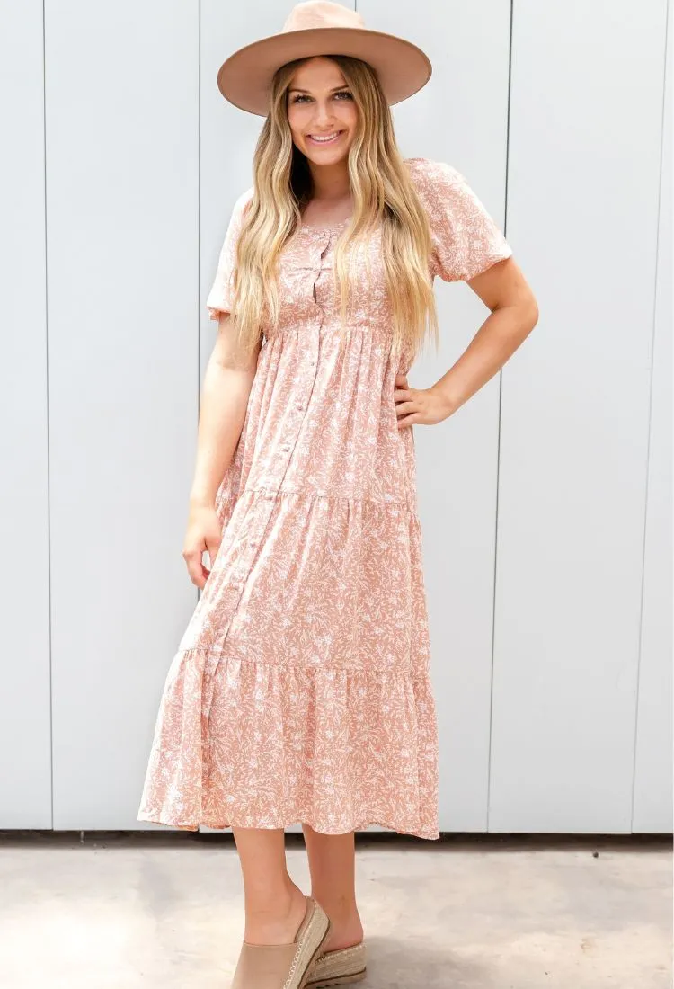 Drewsy Button 3 Tier Smocked Midi Dress