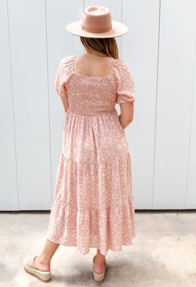 Drewsy Button 3 Tier Smocked Midi Dress
