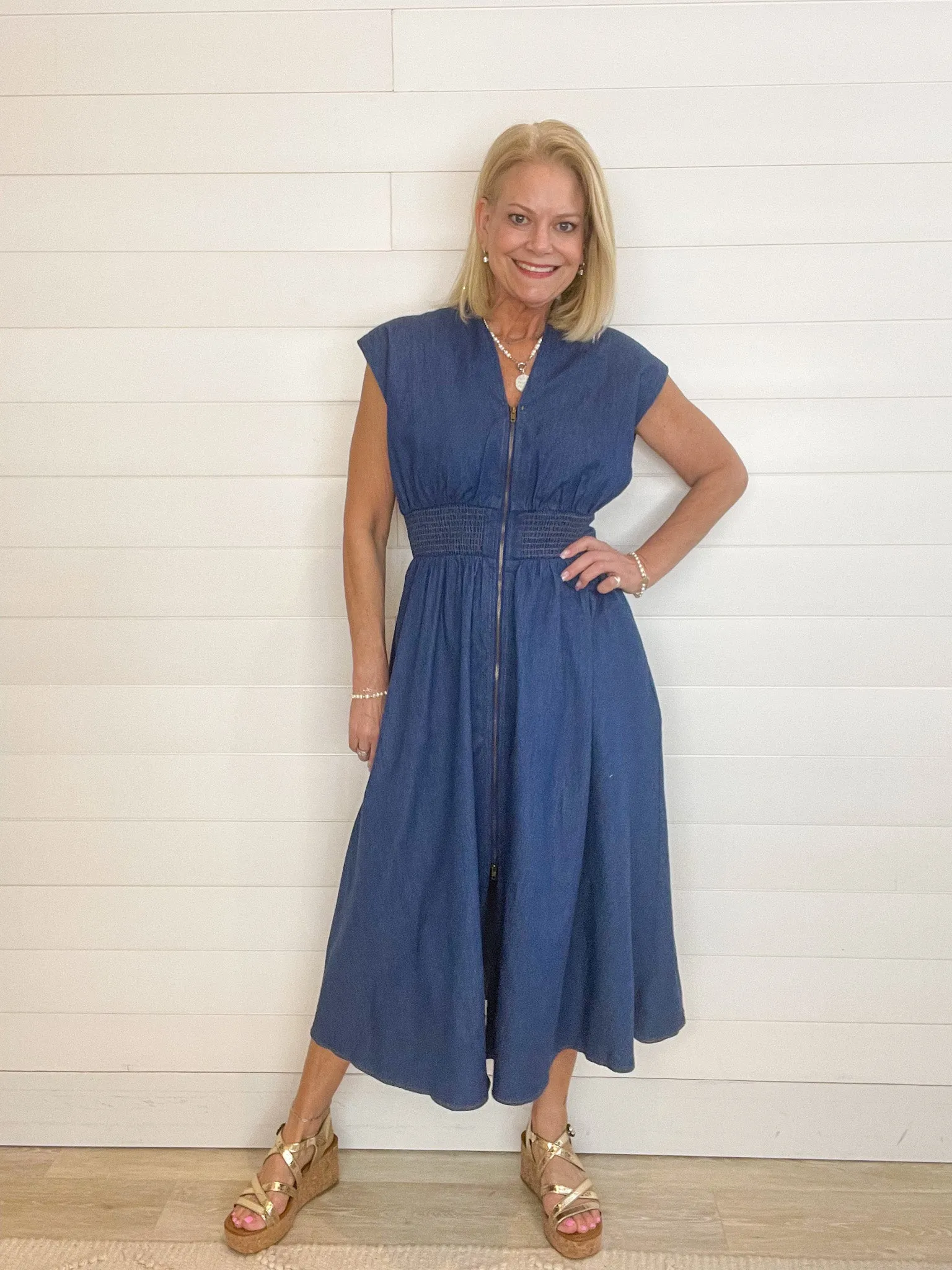 Drop Shoulder Smocked Waist Washed Denim Midi Dress