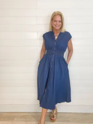 Drop Shoulder Smocked Waist Washed Denim Midi Dress