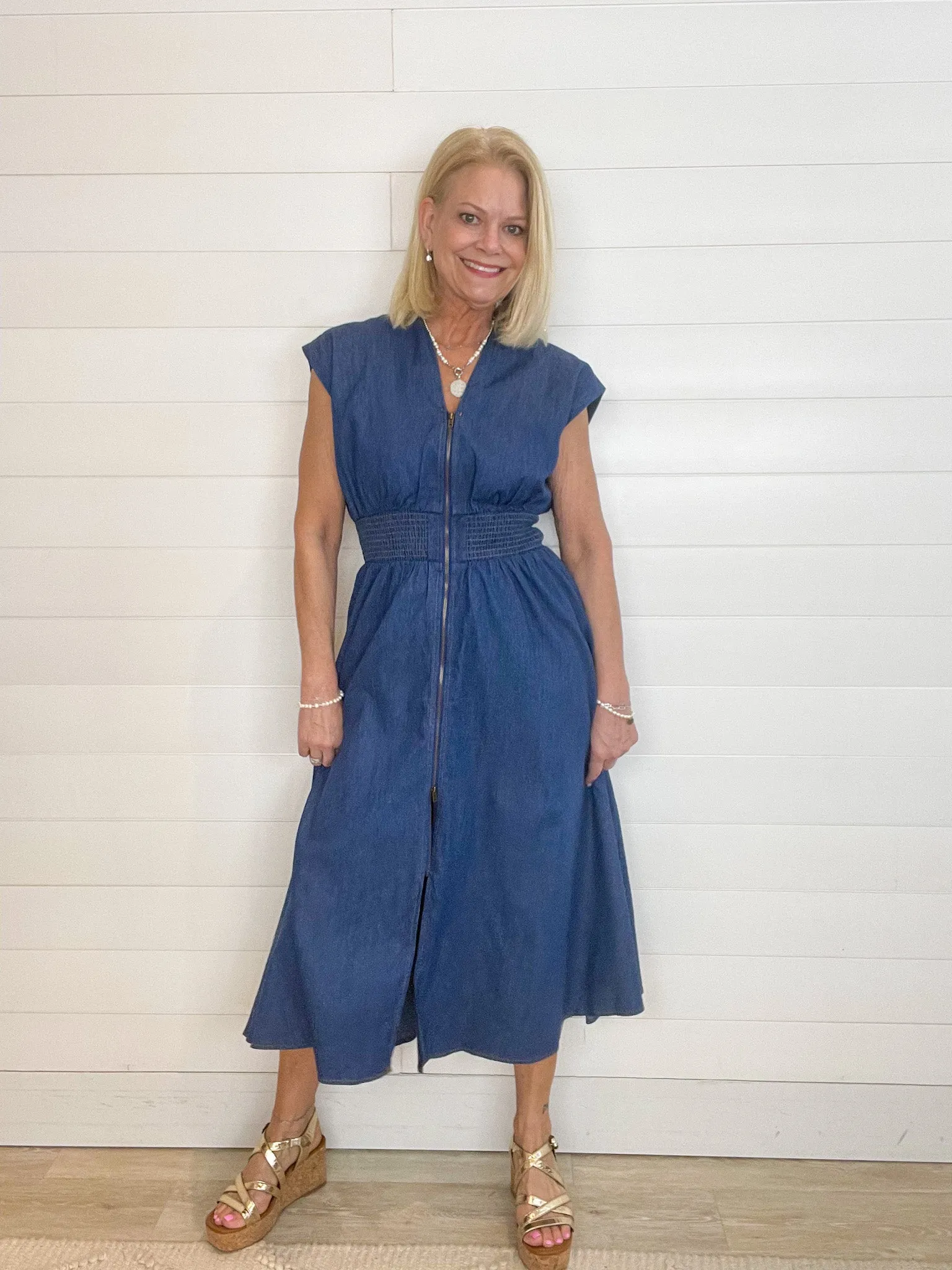 Drop Shoulder Smocked Waist Washed Denim Midi Dress