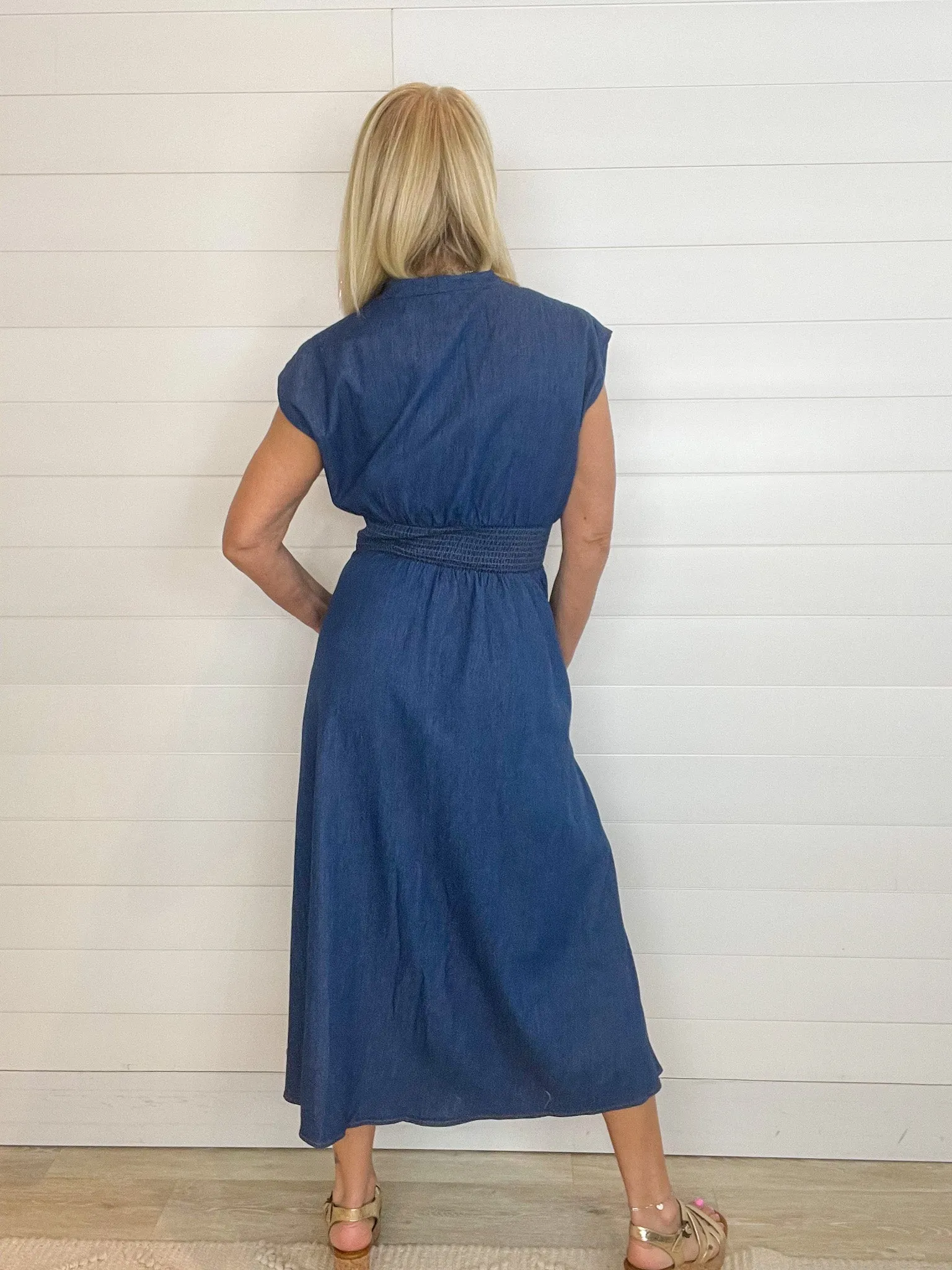 Drop Shoulder Smocked Waist Washed Denim Midi Dress