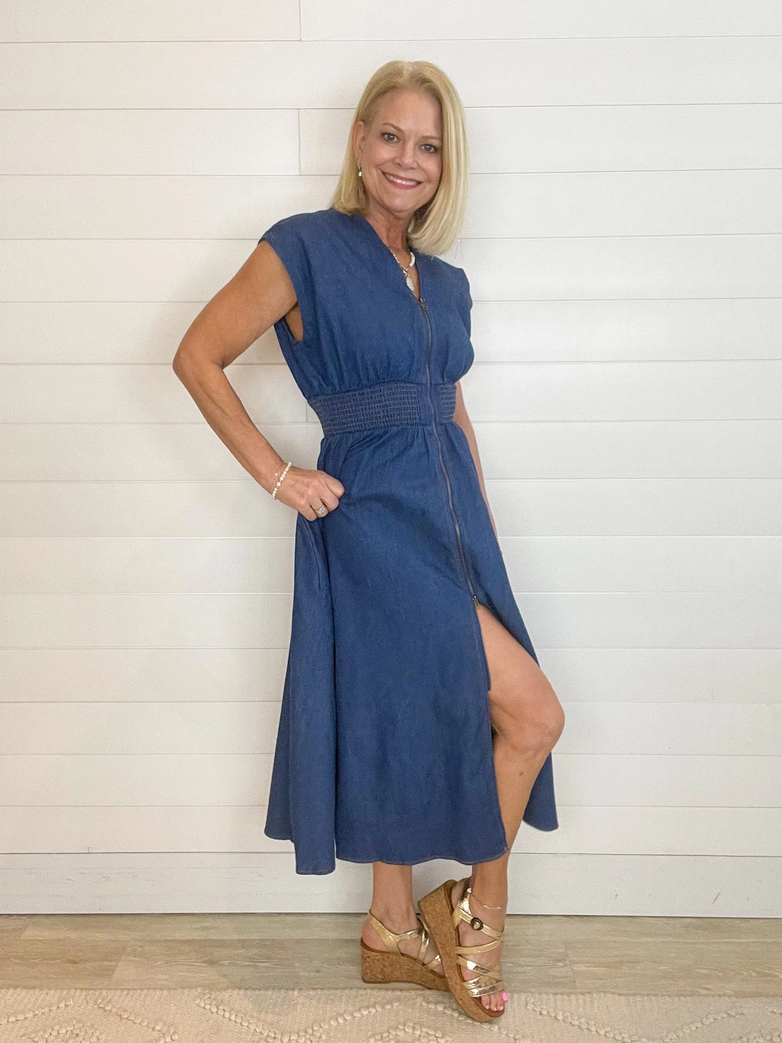 Drop Shoulder Smocked Waist Washed Denim Midi Dress