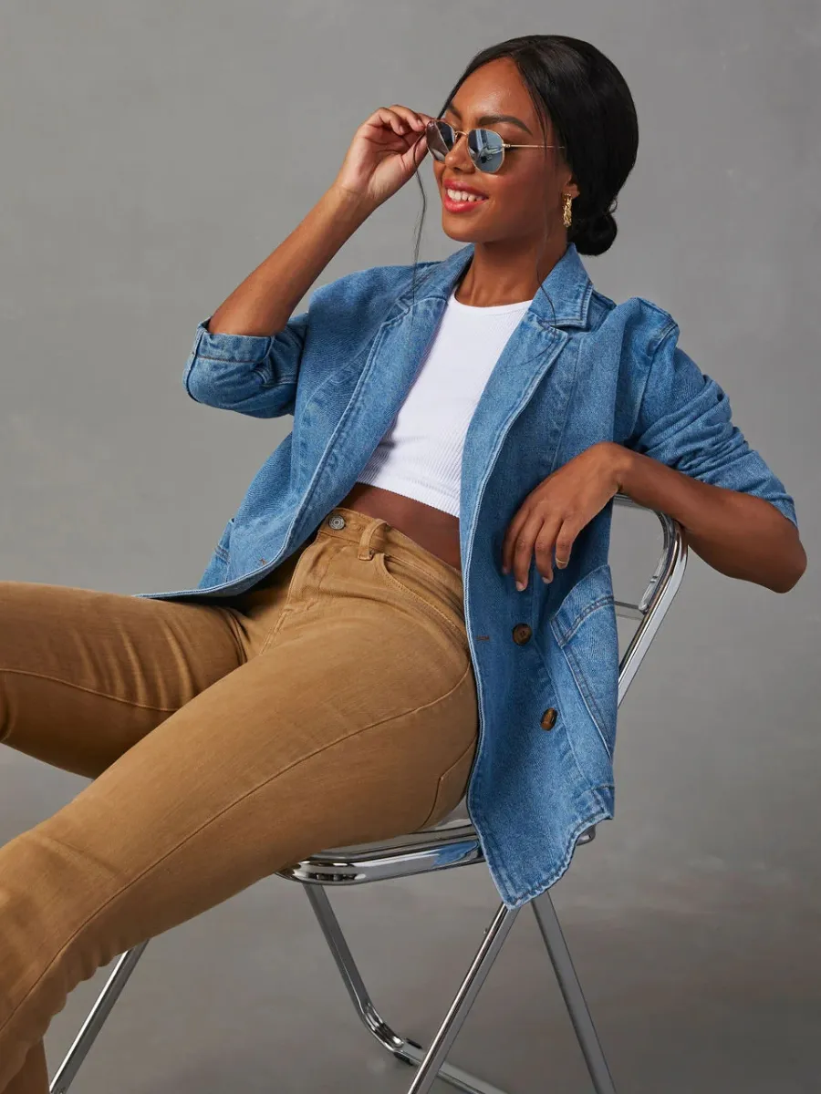 Dynever Pocketed Denim Blazer - Denim Blue