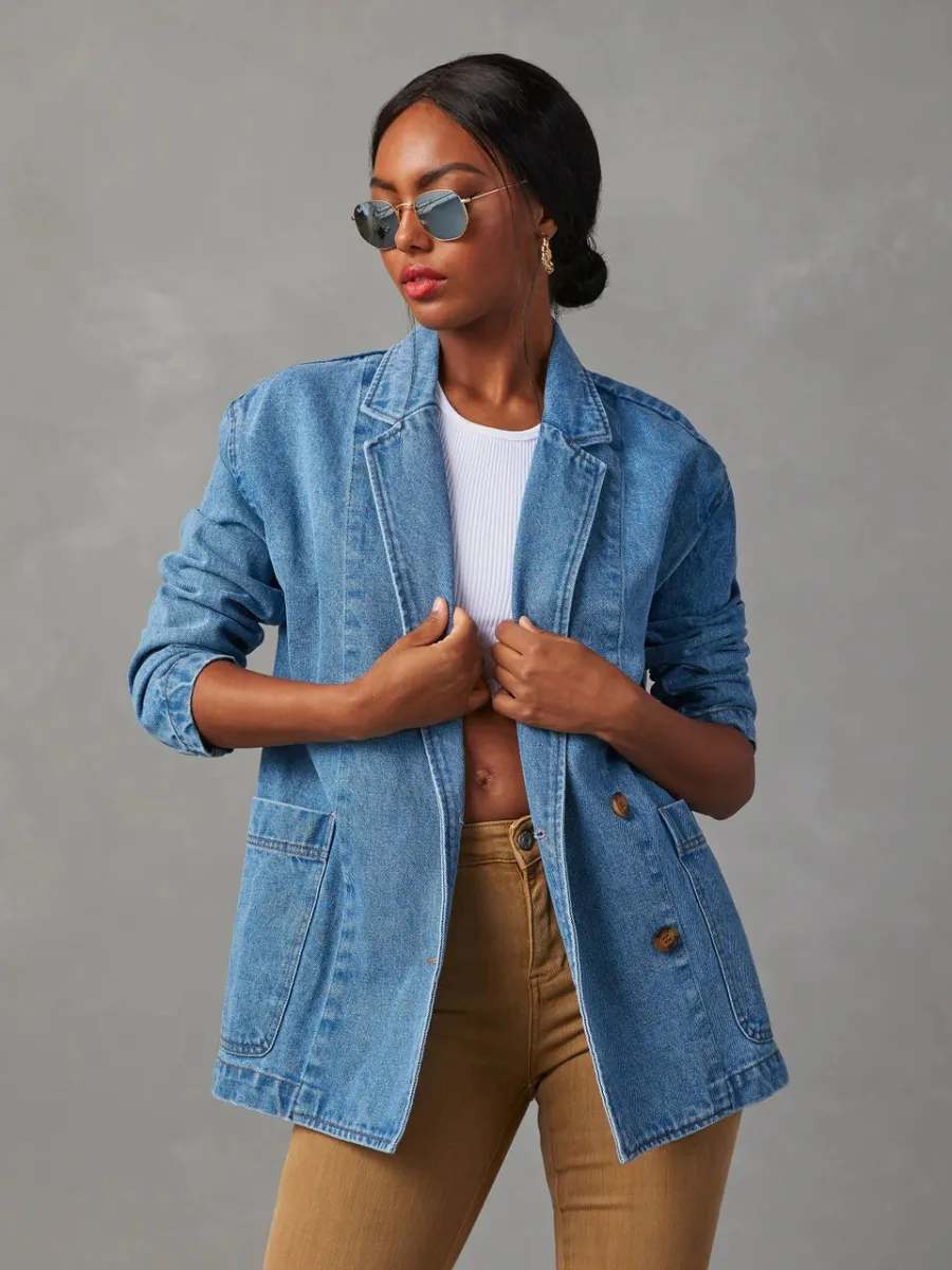 Dynever Pocketed Denim Blazer - Denim Blue