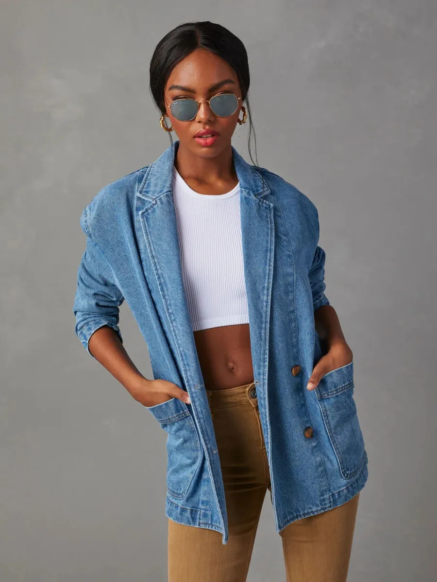 Dynever Pocketed Denim Blazer - Denim Blue