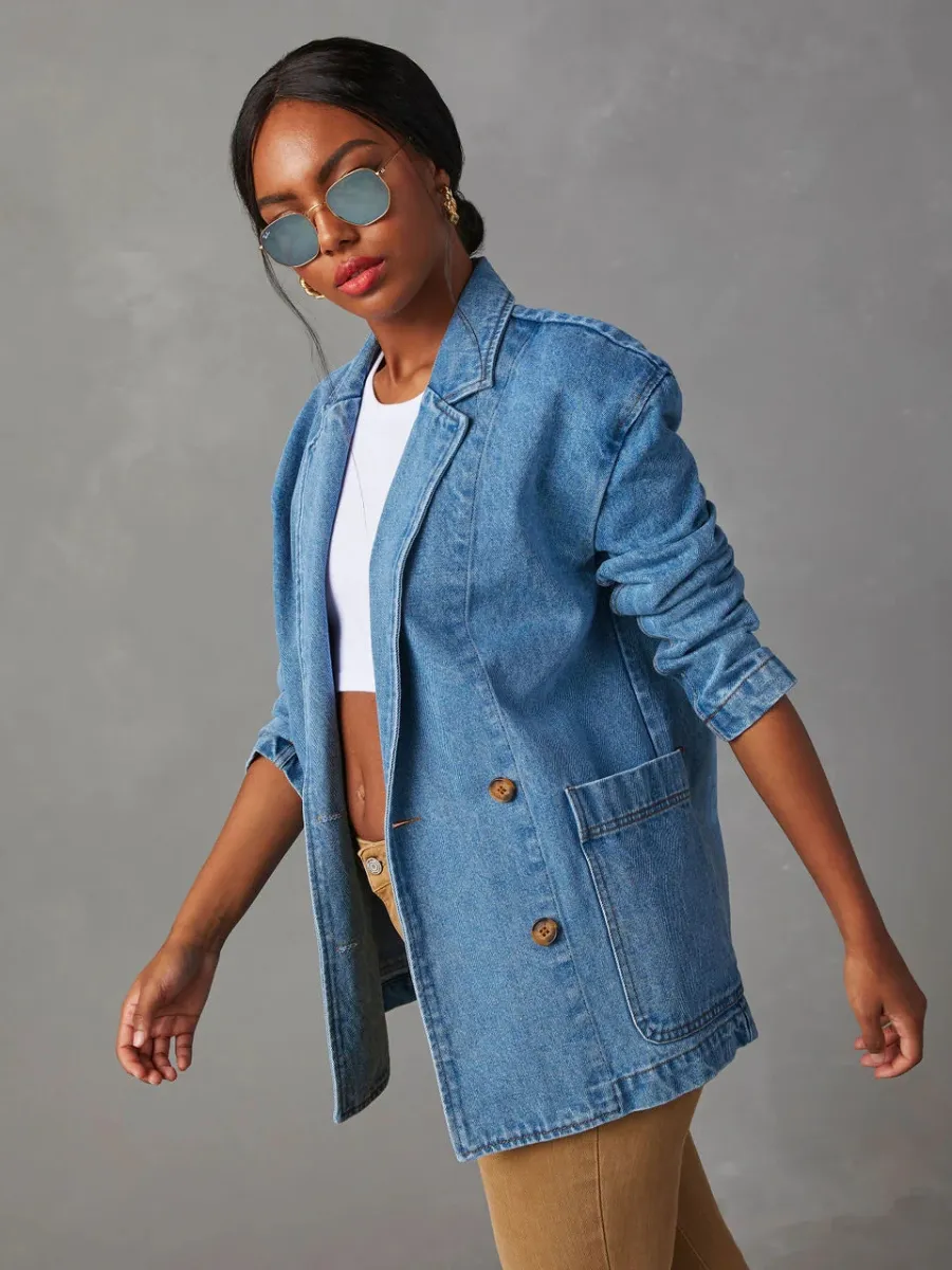 Dynever Pocketed Denim Blazer - Denim Blue