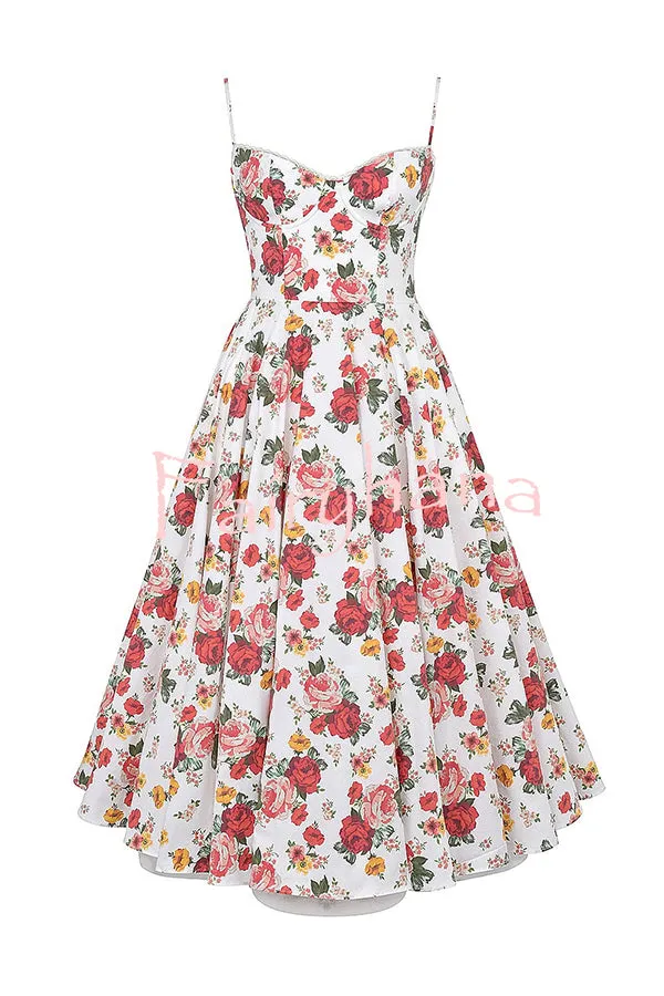 Fairy Tale Gorgeous Italian Rose Print Tulle Pocketed Slip Midi Dress