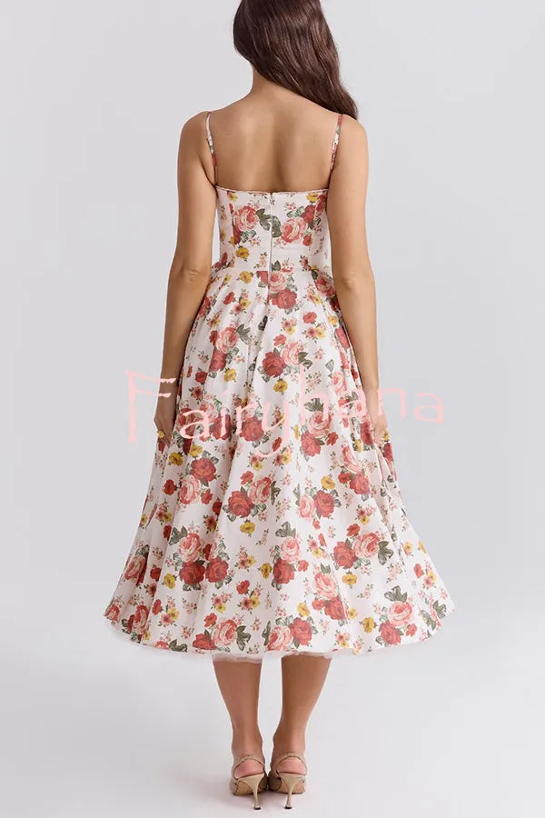 Fairy Tale Gorgeous Italian Rose Print Tulle Pocketed Slip Midi Dress
