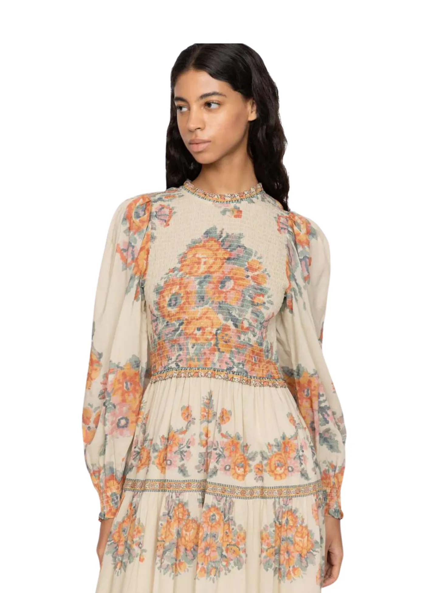 Fiorella Border Print Smocked Dress