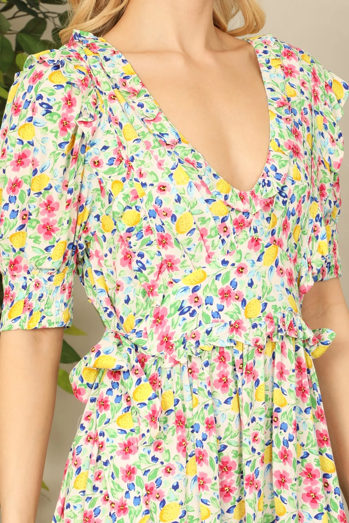 Floral Smocked Puff Sleeve Ruffle Detail Back-Tie Mini Dress