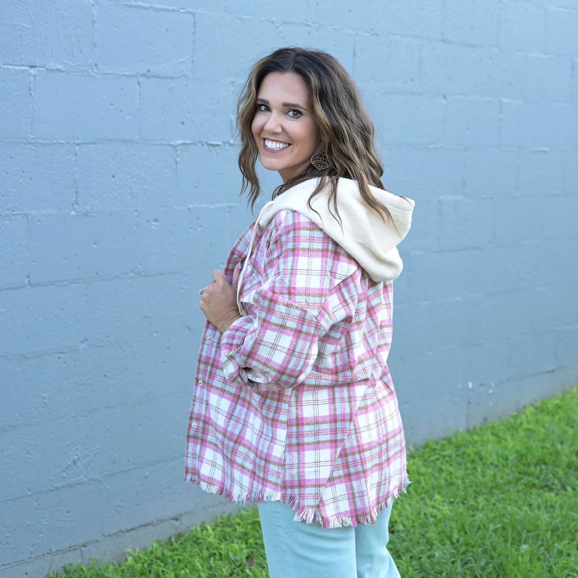 Frayed Hem Hooded Plaid Shacket