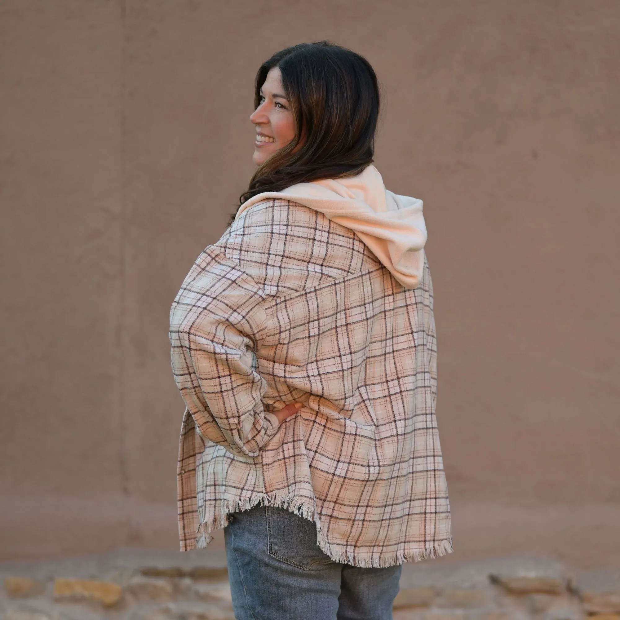 Frayed Hem Hooded Plaid Shacket