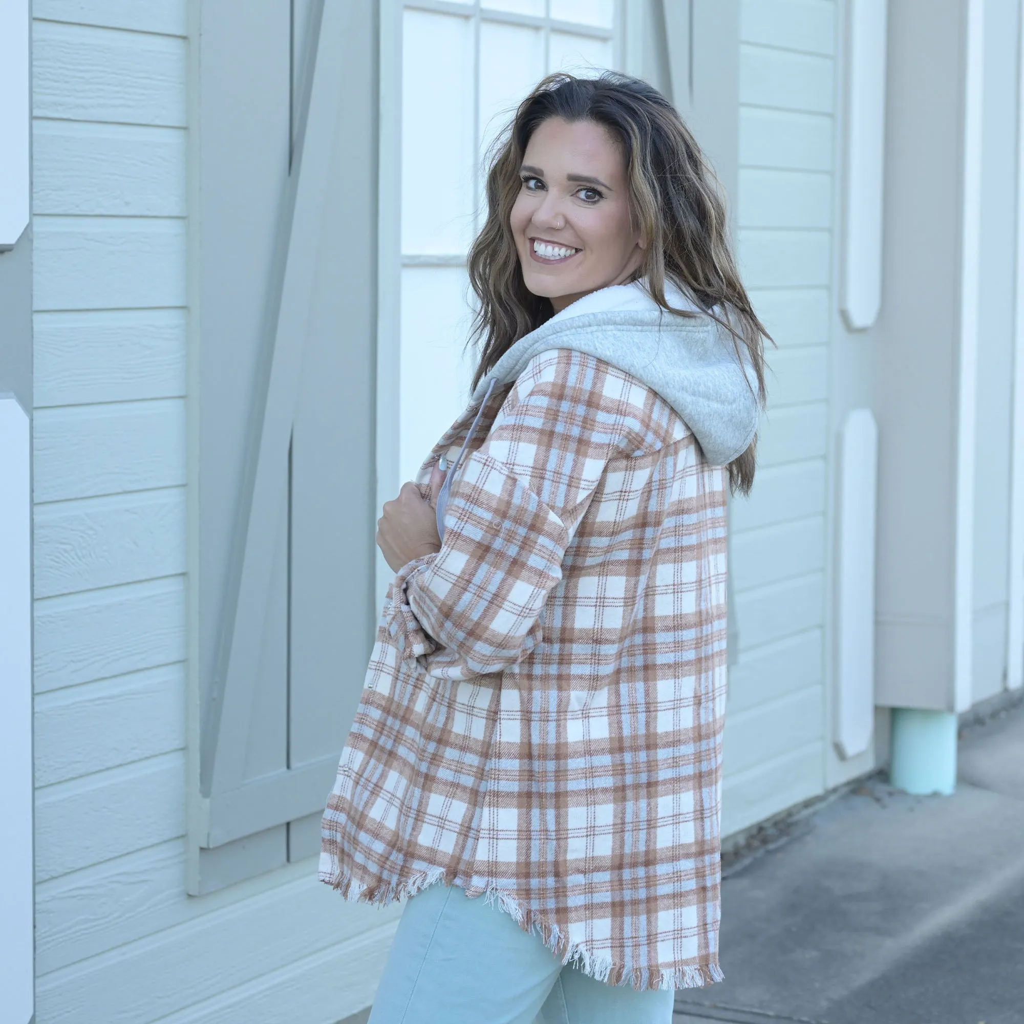Frayed Hem Hooded Plaid Shacket