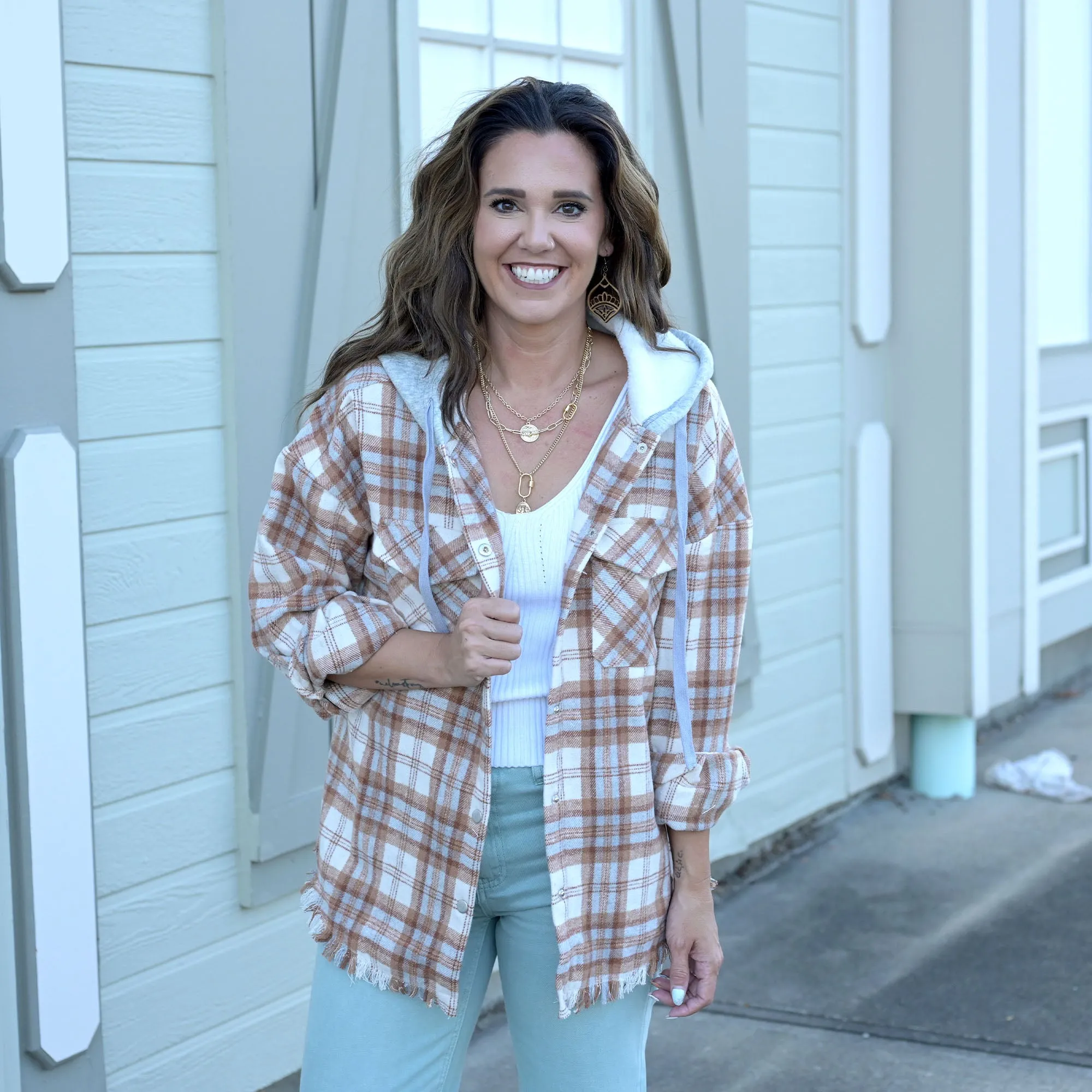 Frayed Hem Hooded Plaid Shacket