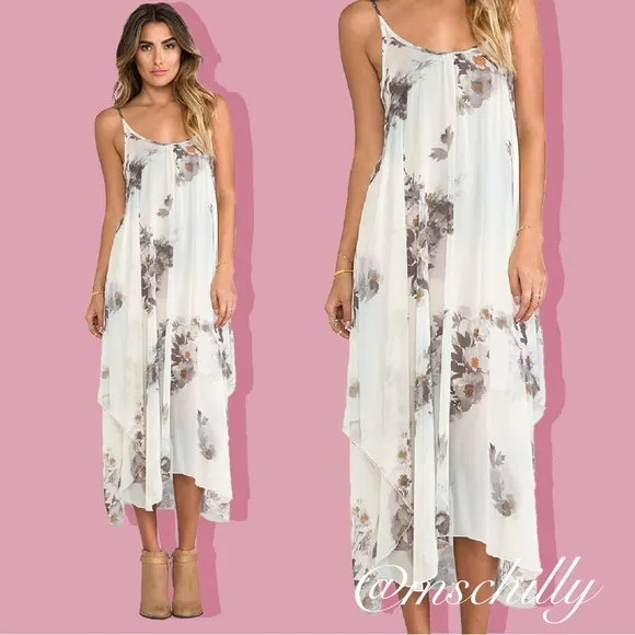 Free People Intimately Sheer Midi Waterfalls Slip Dress Ivory Gray Floral M