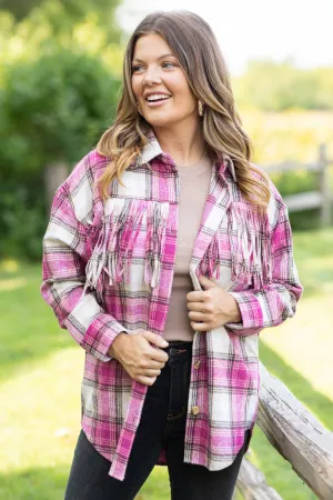 Fuchsia and Ivory Plaid Shacket With Fringe