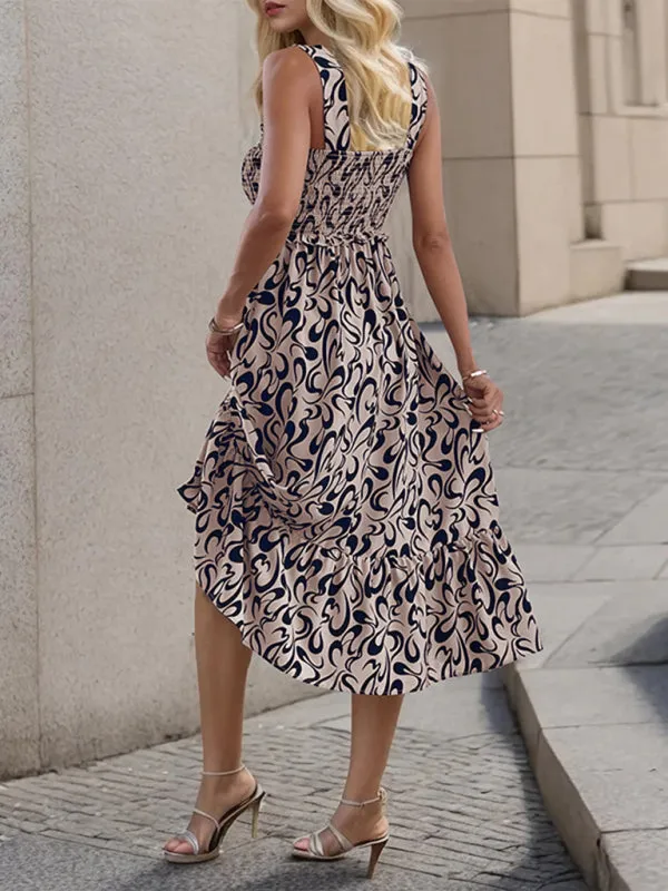 Geometric Pattern Midi Dress with Smocked Top and Asymmetrical Hem