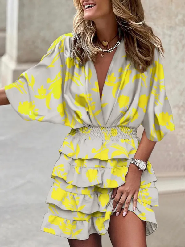 Geometric Print Mini Dress with Dolman Sleeves and Ruffle Hem