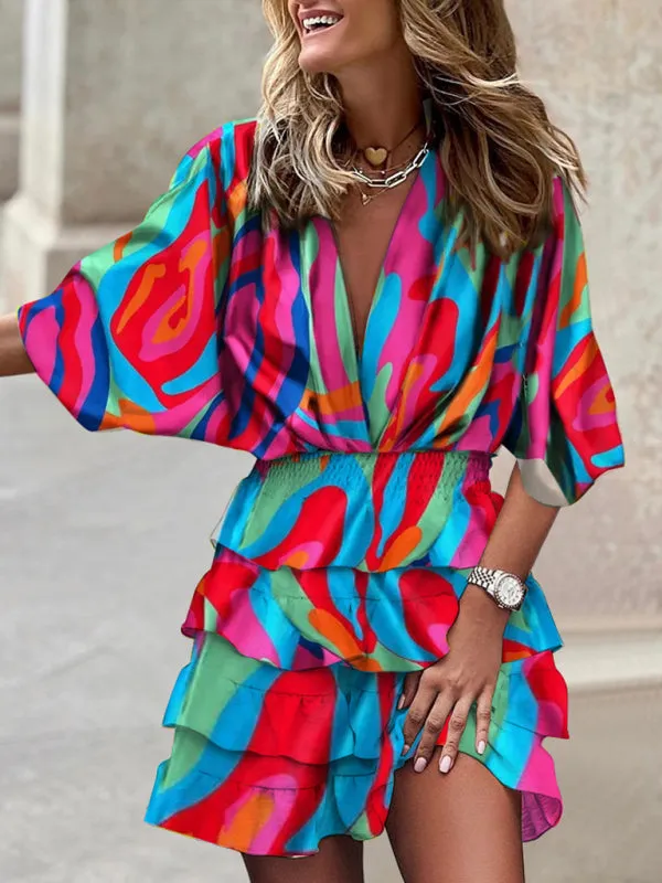 Geometric Print Mini Dress with Dolman Sleeves and Ruffle Hem