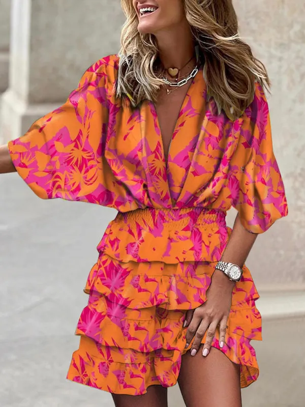 Geometric Print Mini Dress with Dolman Sleeves and Ruffle Hem