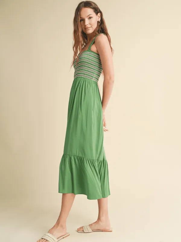 Green & Pink Smocked Top Midi Dress