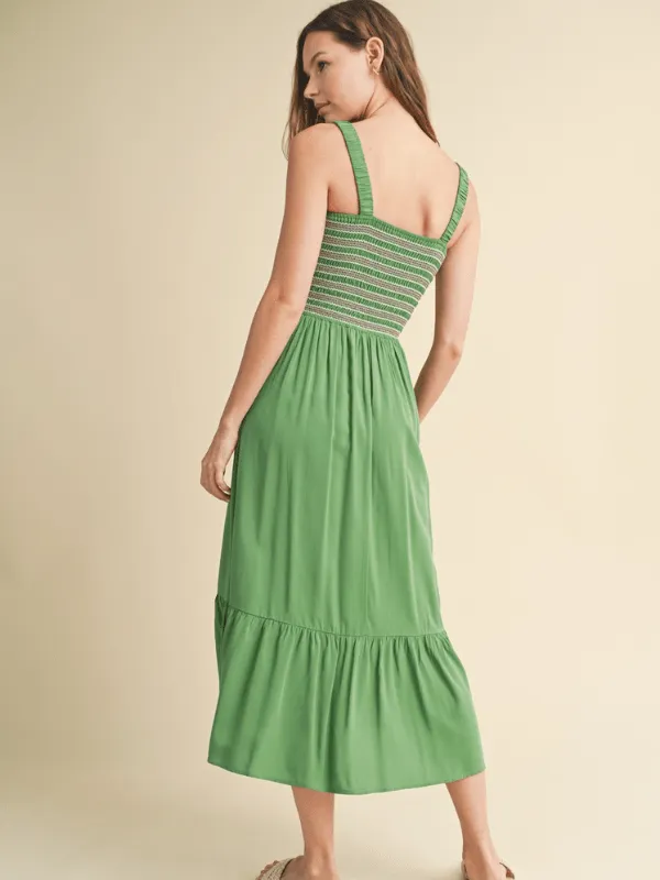 Green & Pink Smocked Top Midi Dress