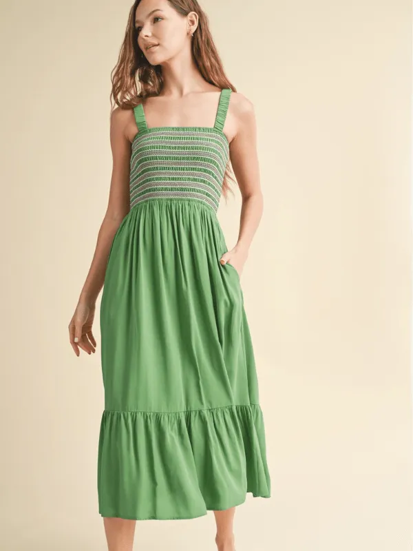 Green & Pink Smocked Top Midi Dress